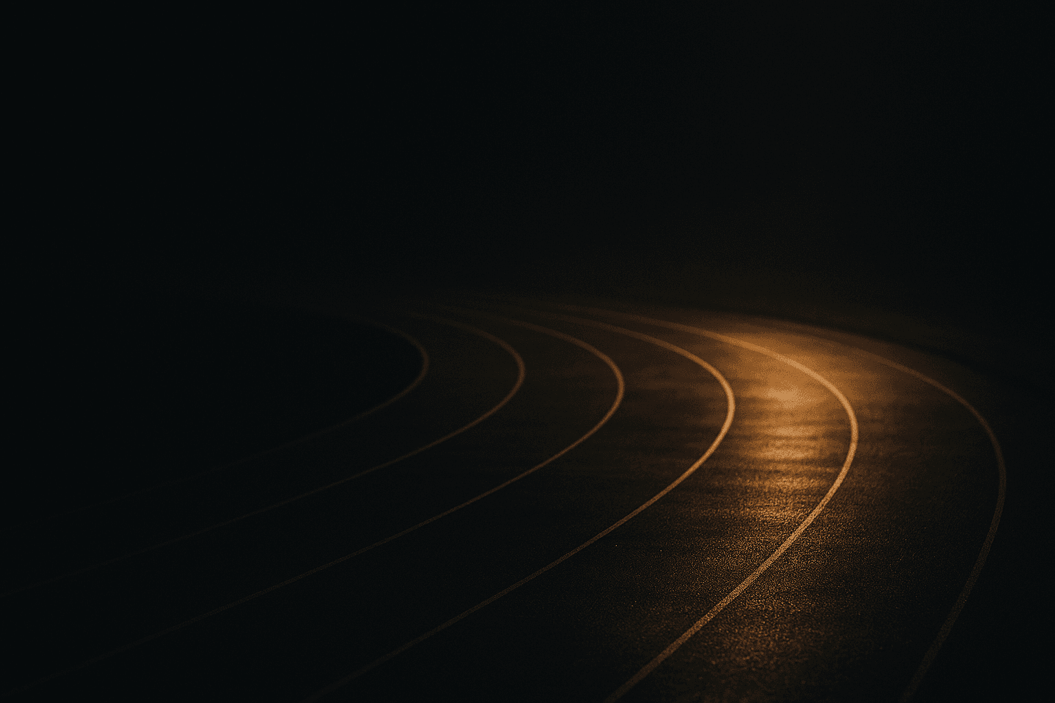 An empty running track at dawn under a warm horizon glow