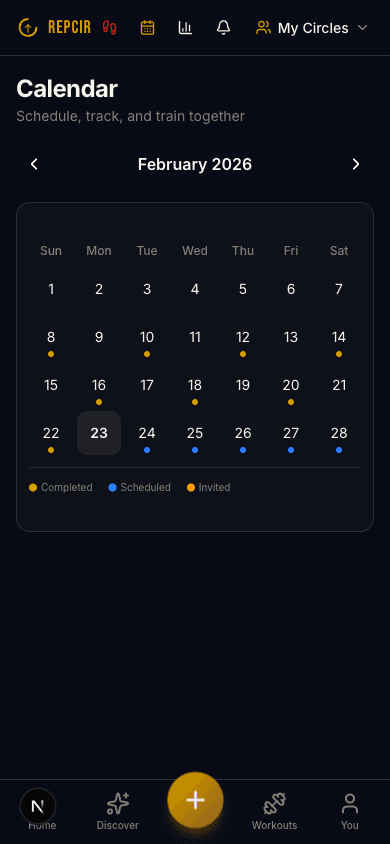 Repcir calendar showing workout consistency