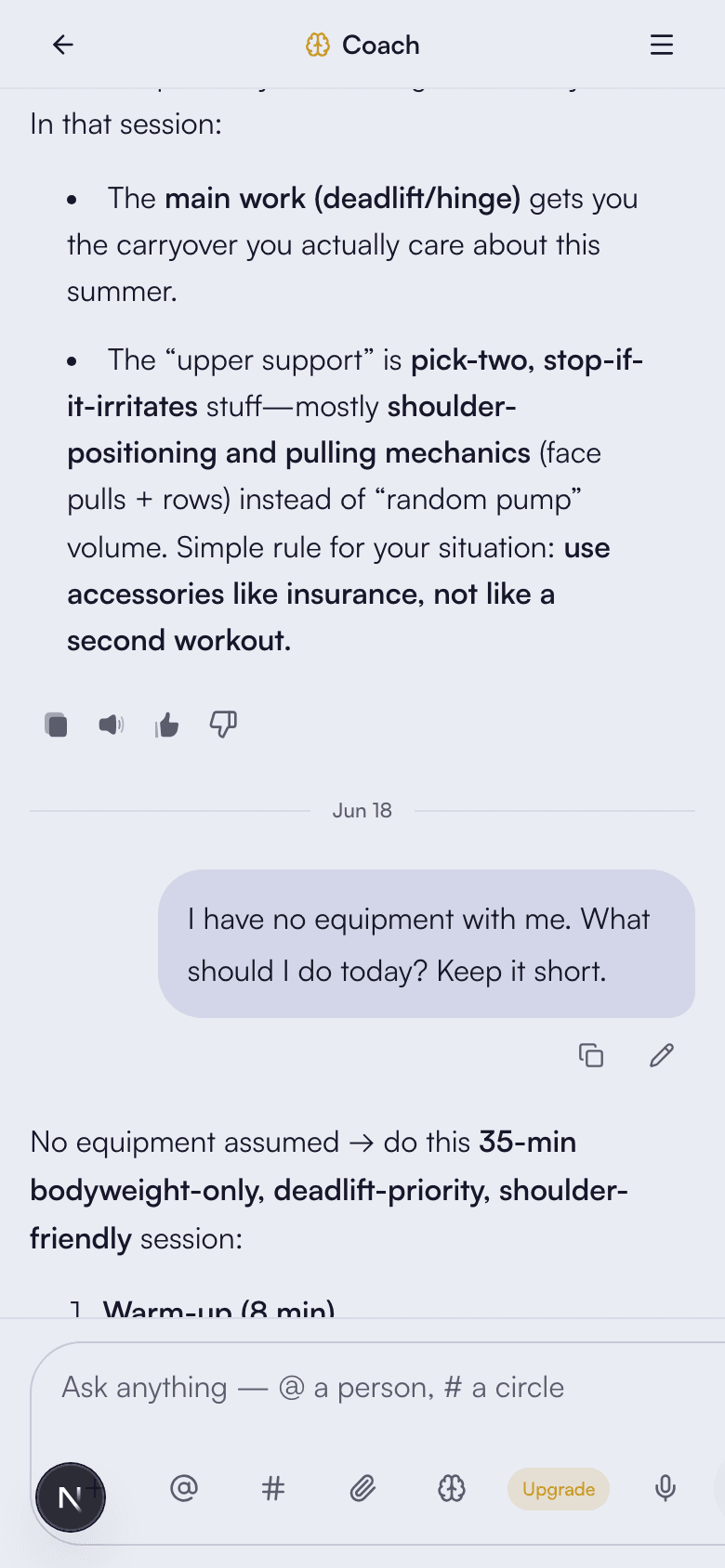 REPCIR's AI coach answering a real question with a full tailored workout
